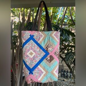 Handmade Upcycled Quilted Vintage Tote Bag Lined Pink Blue Brown Cotton